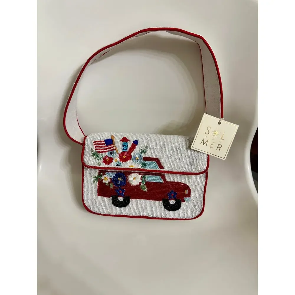 Sol & Mer Beaded Americana Truck Shoulder Bag Novelty Purse NWT